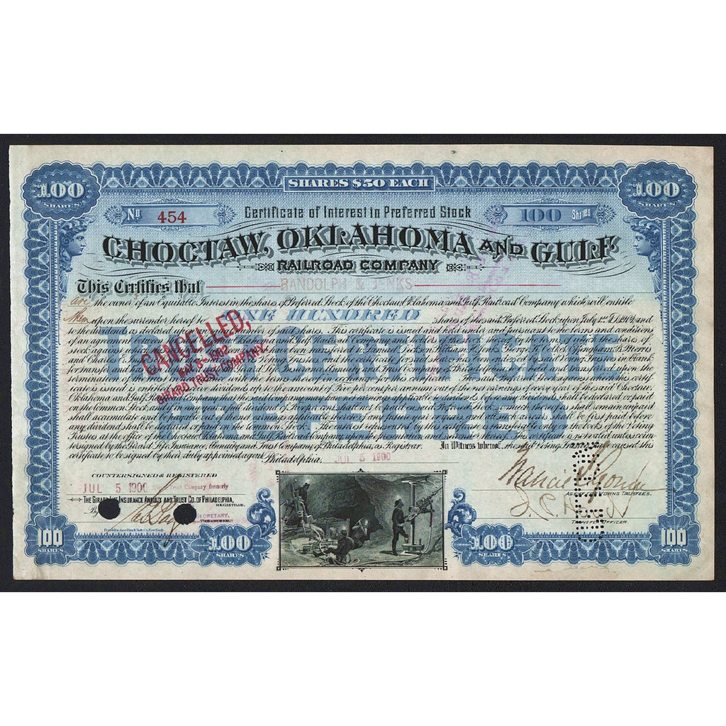 Choctaw, Oklahoma and Gulf Railroad Company Stock Certificate