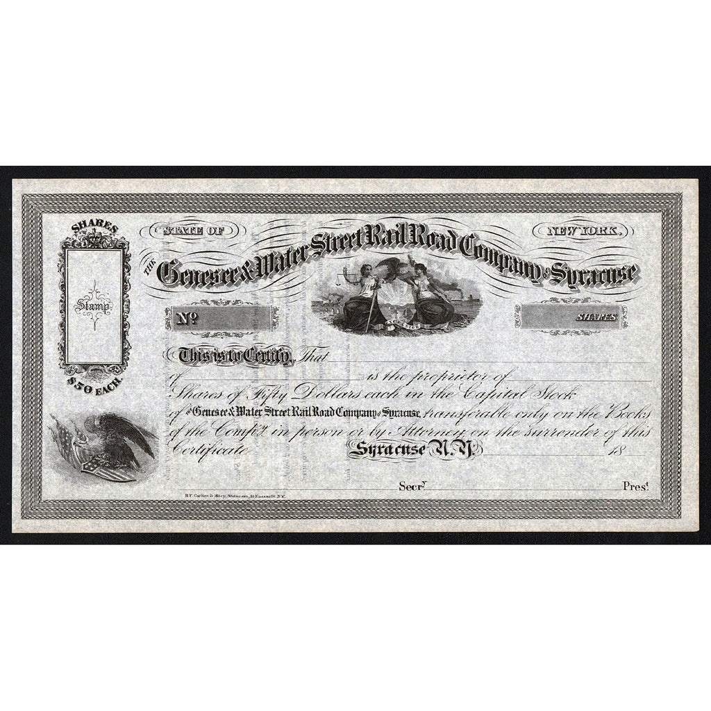 The Genesee & Water Street Rail Road Company of Syracuse Stock Certificate