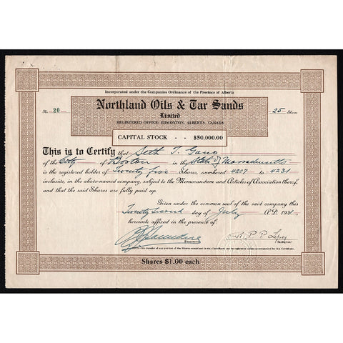 Northland Oil & Tar Sands Limited Alberta Canada Stock Certificate