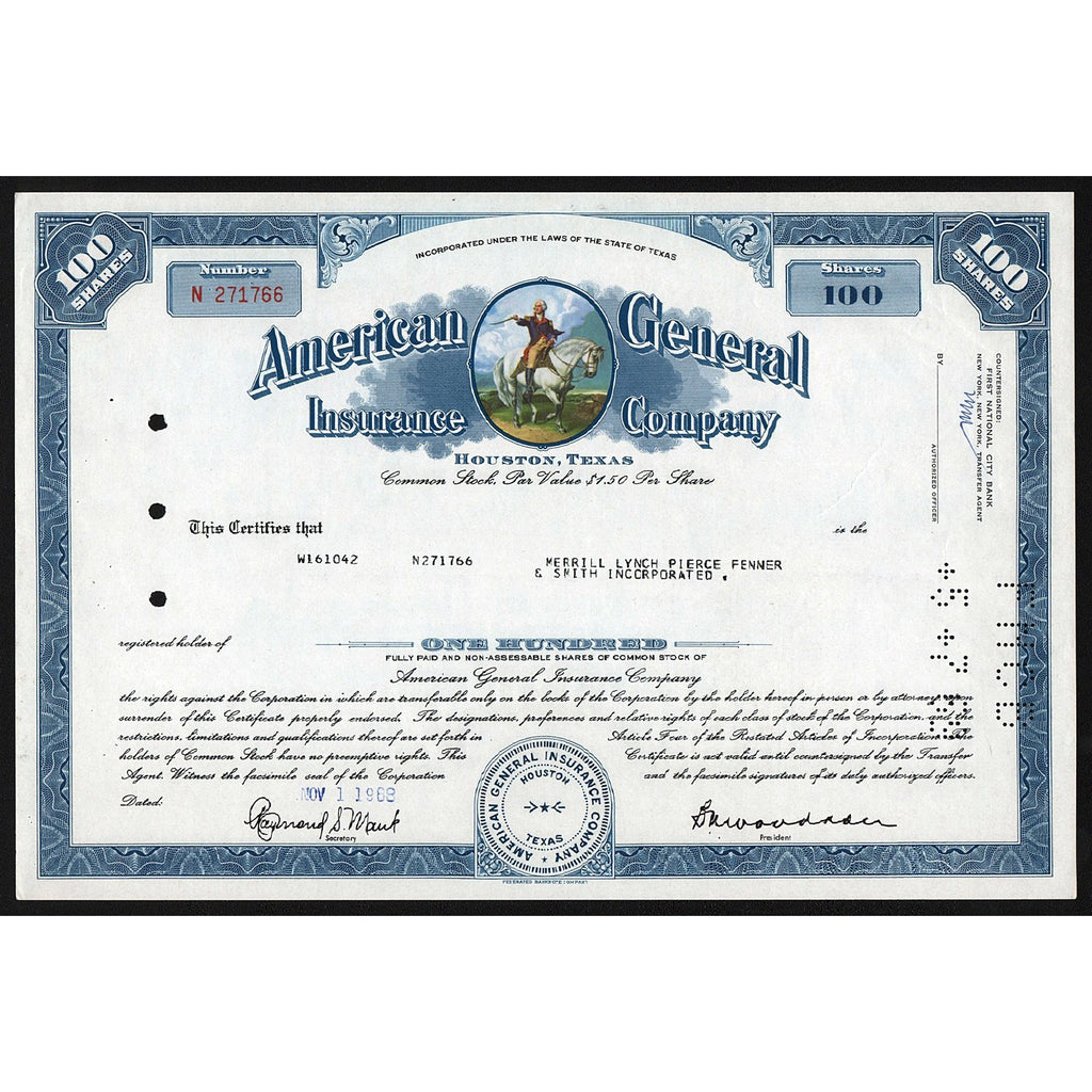 American General Insurance Company 1968 Texas Stock Certificate