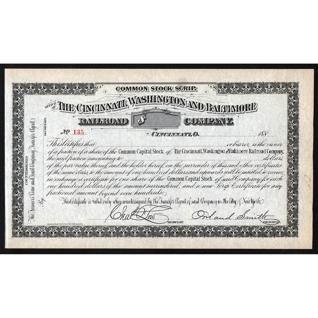 The Cincinnati, Washington and Baltimore Railroad Company Ohio Stock Certificate