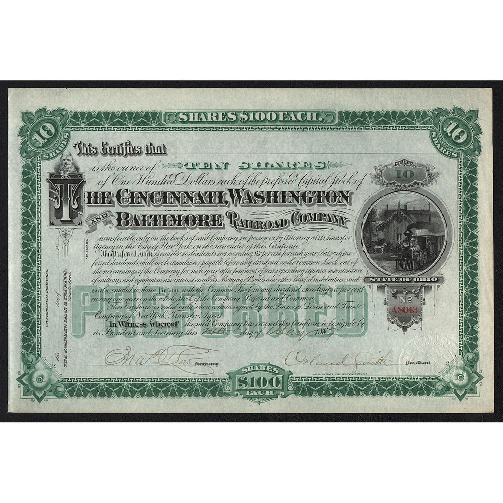 The Cincinnati, Washington and Baltimore Railroad Company Stock Certificate