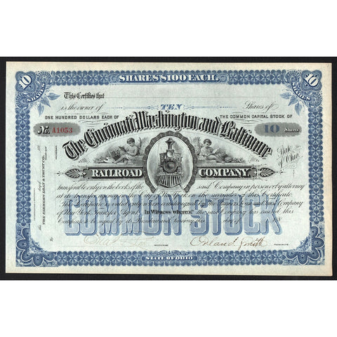 The Cincinnati, Washington and Baltimore Railroad Company Ohio Stock Certificate