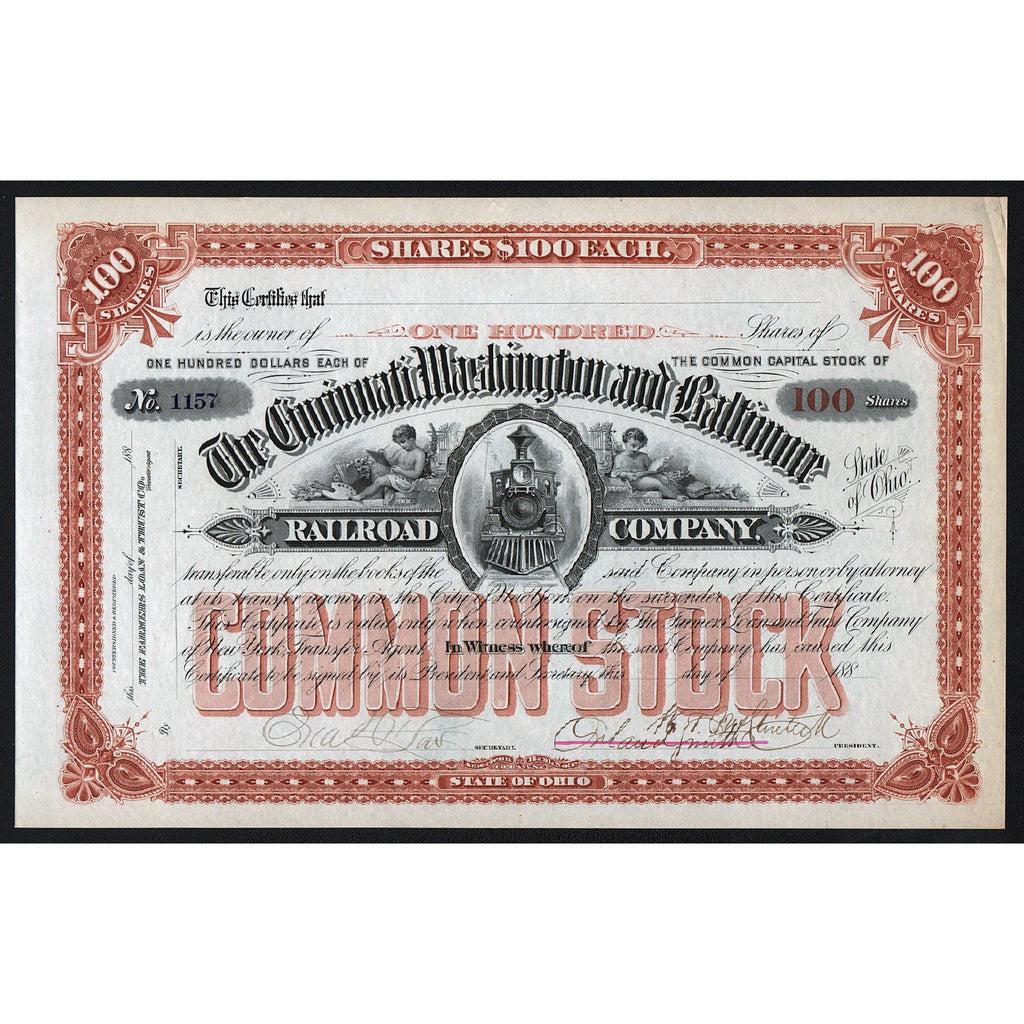 The Cincinnati, Washington and Baltimore Railroad Company Stock Certificate