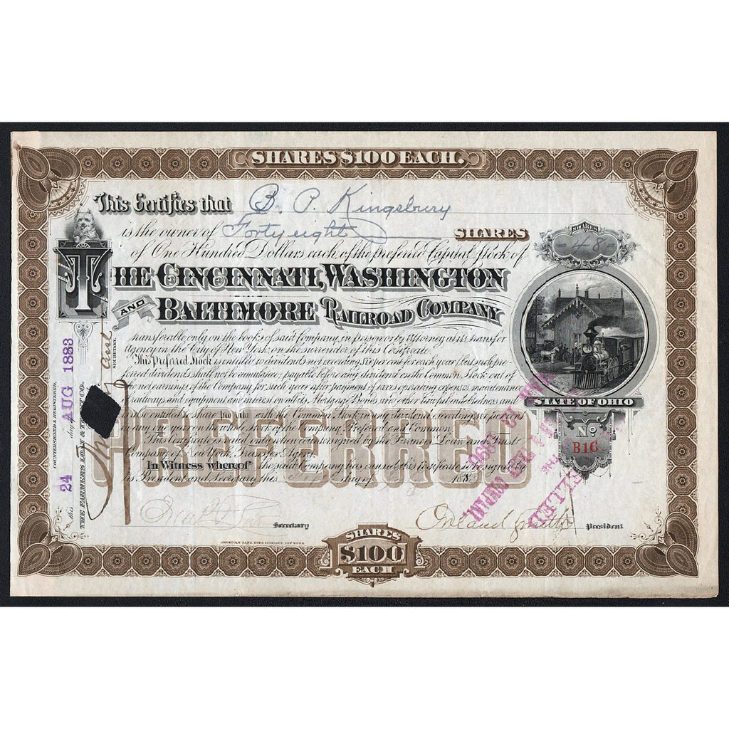 The Cincinnati, Washington and Baltimore Railroad Company 1883 Stock Certificate