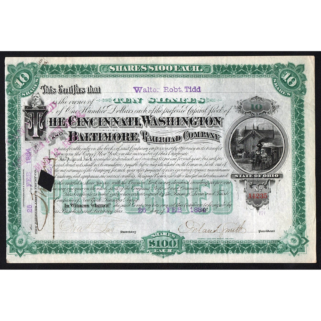 The Cincinnati, Washington and Baltimore Railroad Company 1884 Stock Certificate