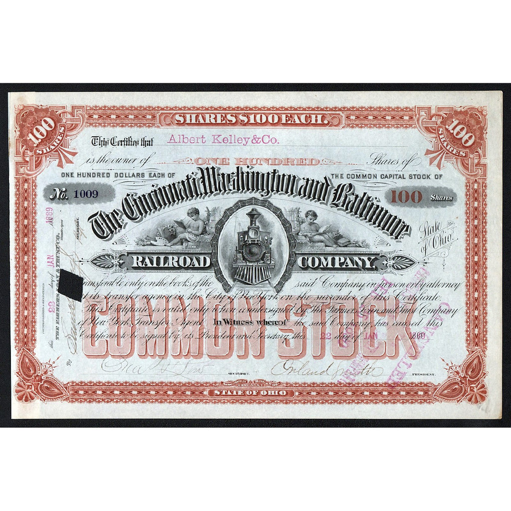 The Cincinnati, Washington and Baltimore Railroad Company 1889 Stock Certificate