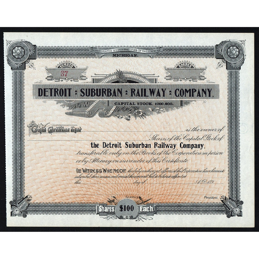 Detroit Suburban Railway Company Michigan Stock Certificate
