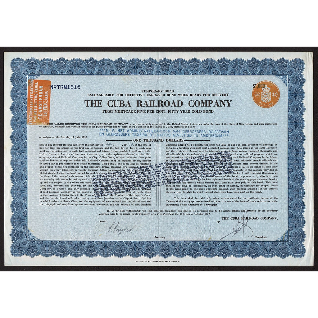 The Cuba Railroad Company 1959 Stock Bond Certificate