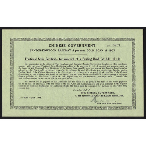 Chinese Government Canton-Kowloon Railway 1907 1938 China Gold Bond Certificate