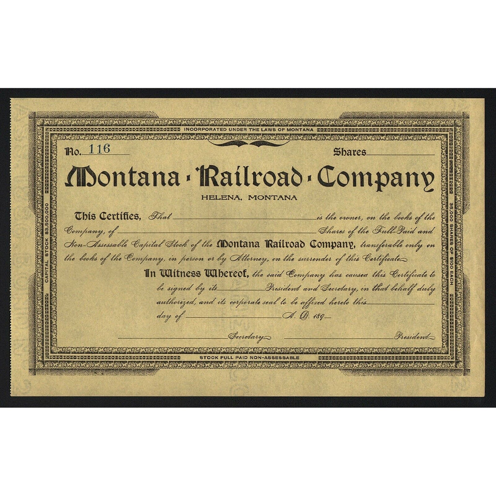 Montana Railroad Company Stock Certificate
