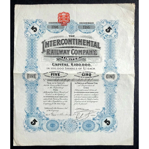 The Intercontinental Railway Company, Limited 1904 Share Warrant Certificate