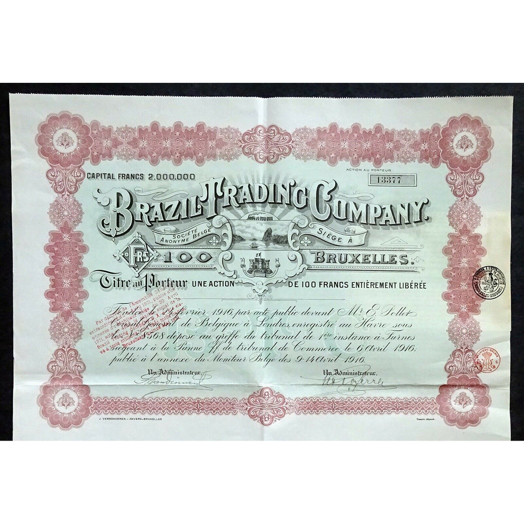 Brazil Trading Company Societe Anonyme Belge 1916 Belgium Stock Certificate