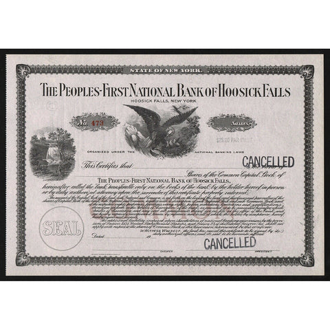 The Peoples-First National Bank of Hoosick Falls NY Stock Certificate