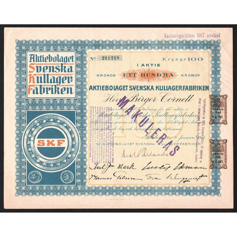 Aktiebolaget Svenska Kullagerfabriken (SKF) 1917 Sweden Stock Certificate