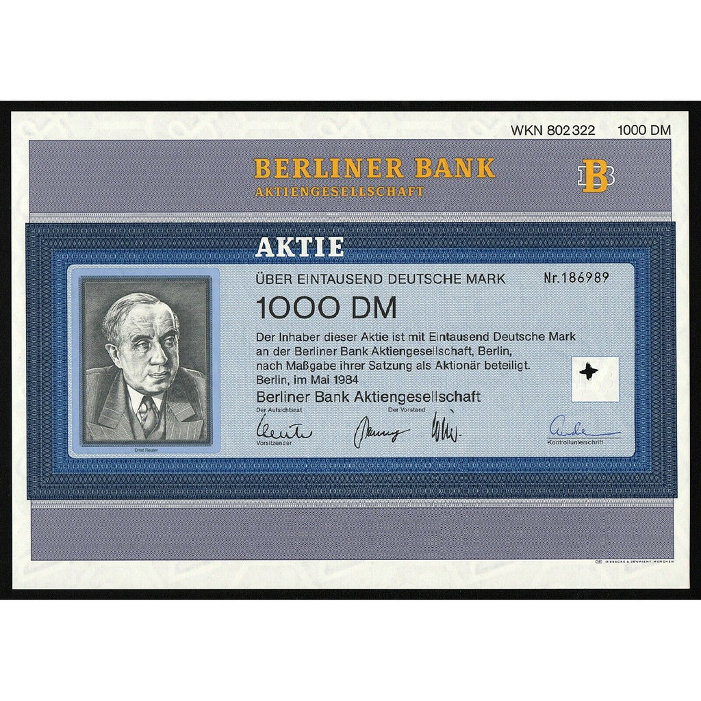 Berliner Bank Aktiengesellschaft Germany Stock Certificate