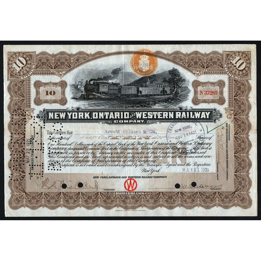 New York, Ontario and Western Railway Company 1924 Stock Certificate