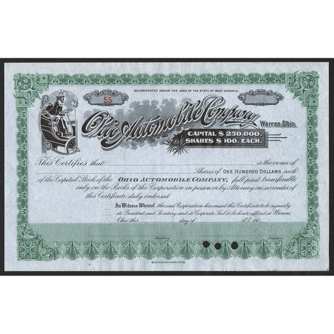 Ohio Automobile Company (Warren, Ohio) West Virginia Stock Certificate
