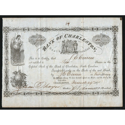 Bank of Charleston 1871 South Carolina Stock Certificate