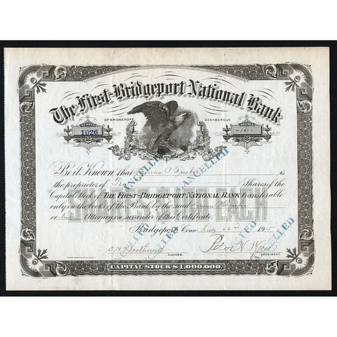 The First-Bridgeport National Bank Connecticut Stock Certificate