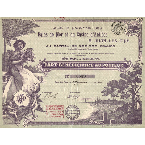 Societe Anonyme des Bains de Mer et du Casino d'Antibes a Juan-Les-Pins France Stock Certificate