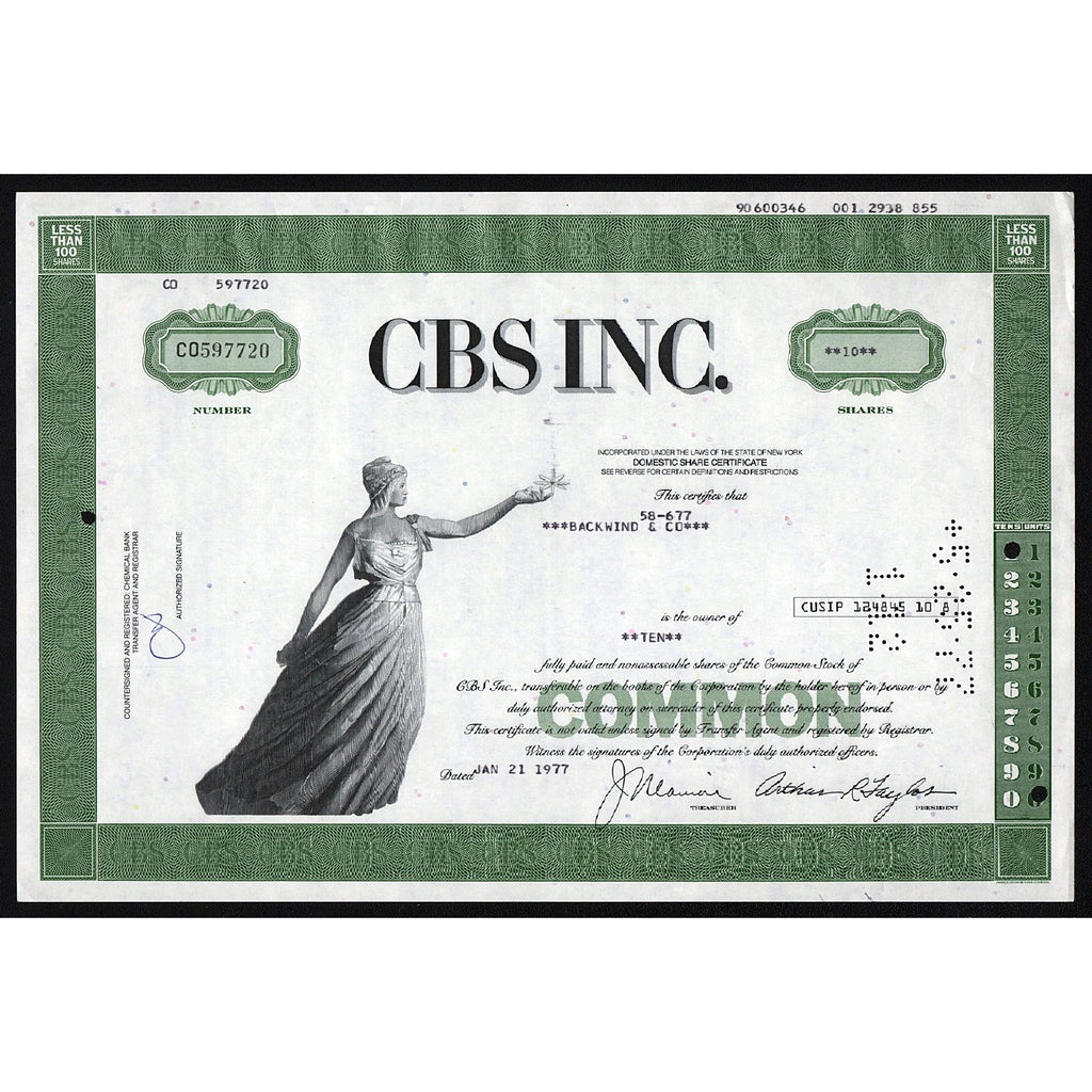 CBS Inc. Columbia Broadcasting System New York Stock Certificate