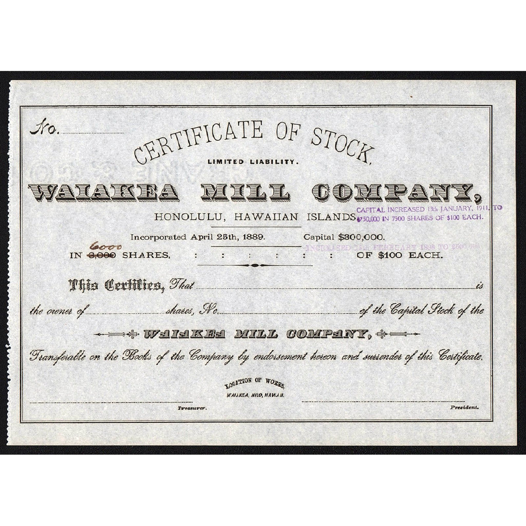 Waiakea Mill Company (Honolulu, Hawaiian Islands) Stock Certificate