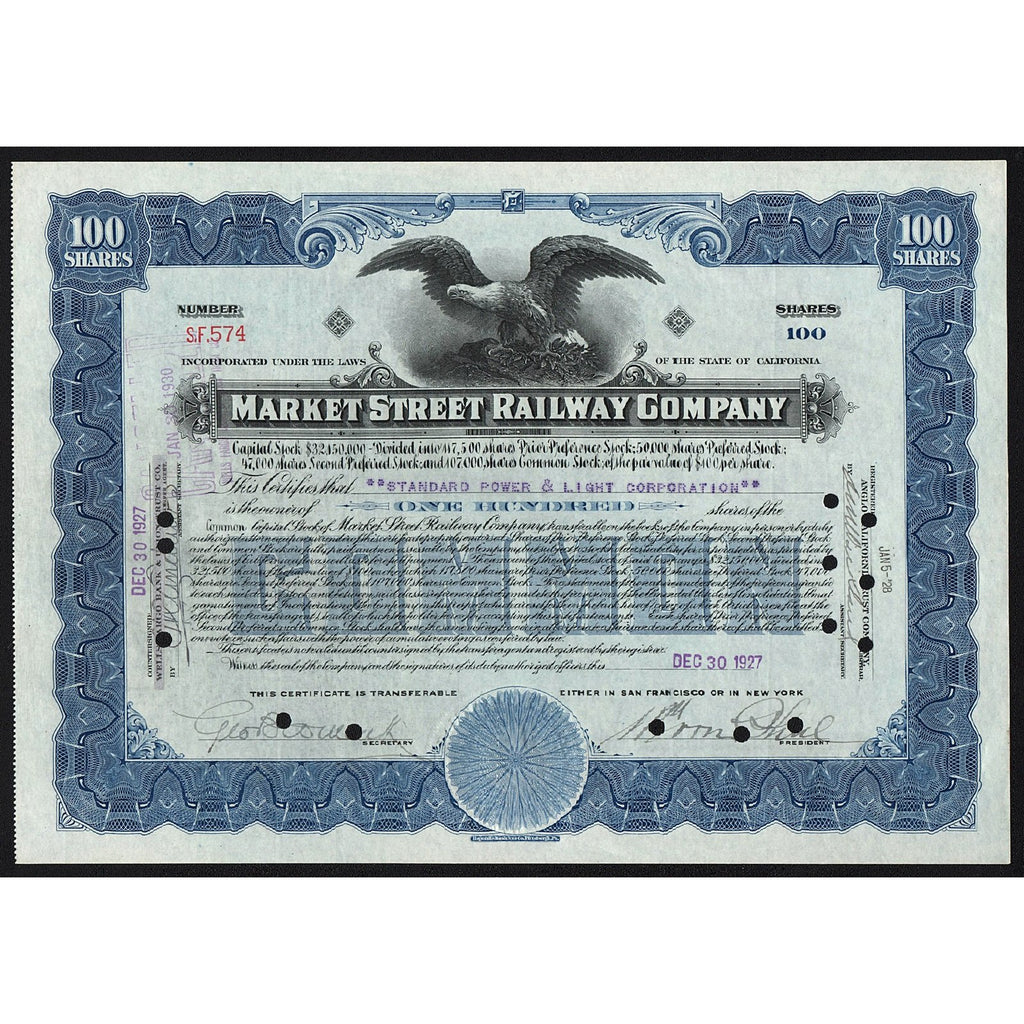 Market Street Railway Company California Stock Certificate