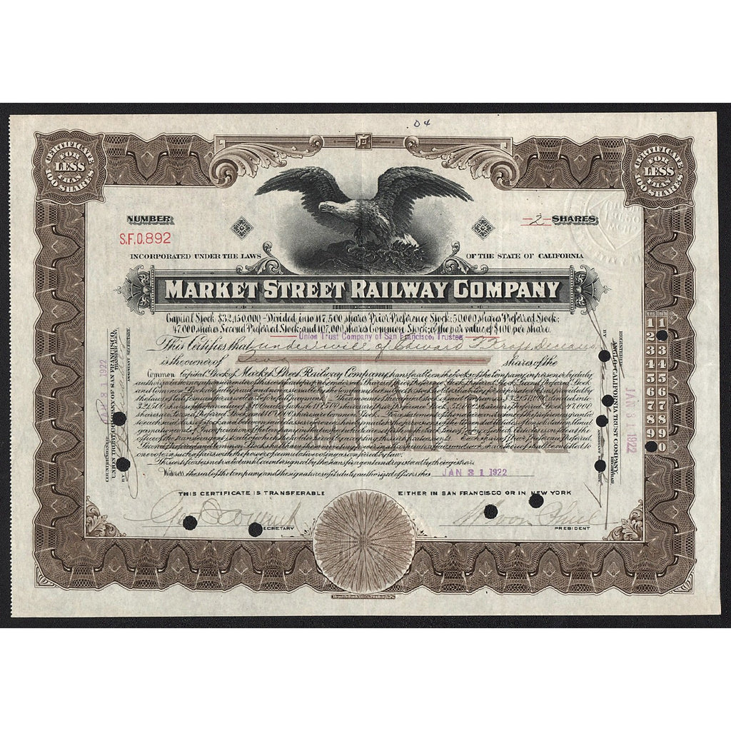 Market Street Railway Company California Stock Certificate