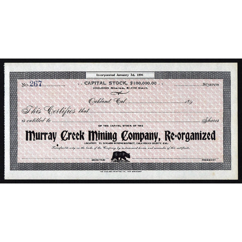 Murray Creek Mining Company, Re-organized California Stock Certificate