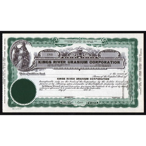 Kings River Uranium Corporation Nevada Stock Certificate