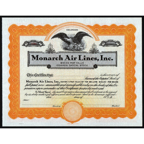 Monarch Air Lines, Inc. Colorado Stock Certificate