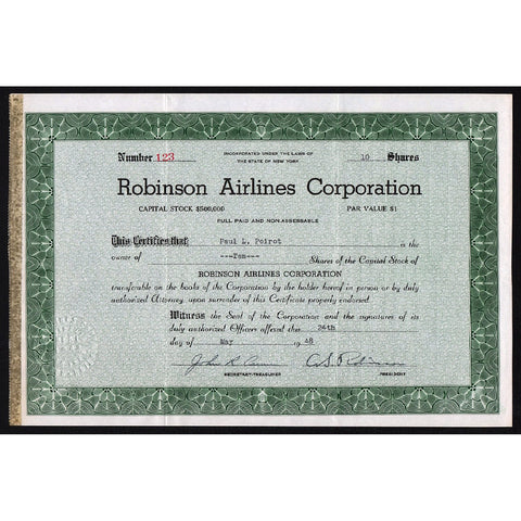 Robinson Airlines Corporation New York Stock Certificate