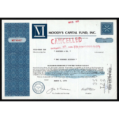 Moody’s Capital Fund, Inc. Maryland Stock Certificate