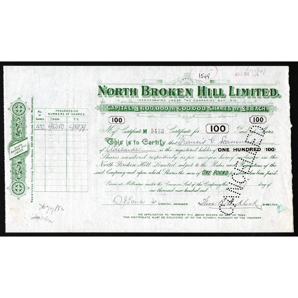 North Broken Hill Limited Australia Mining Stock Certificate