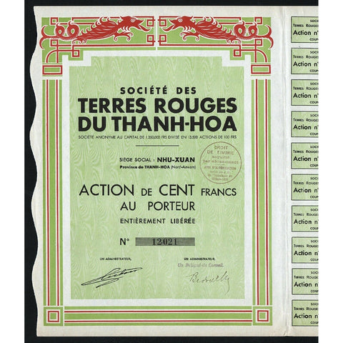 Societe des Terres Rouges Du Thanh-Hoa Vietnam Stock Certificate