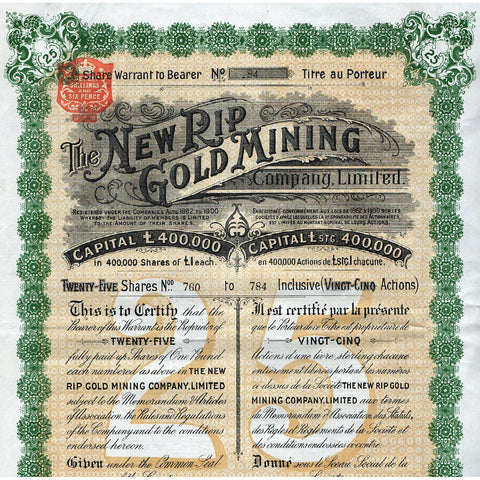 The New Rip Gold Mining Company Limited South Africa Stock Certificate