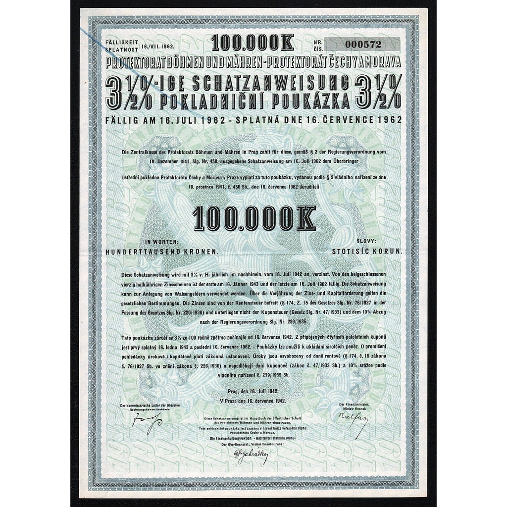 Protektorat Böhmen und Mähren 1942 Czech Stock Certificate