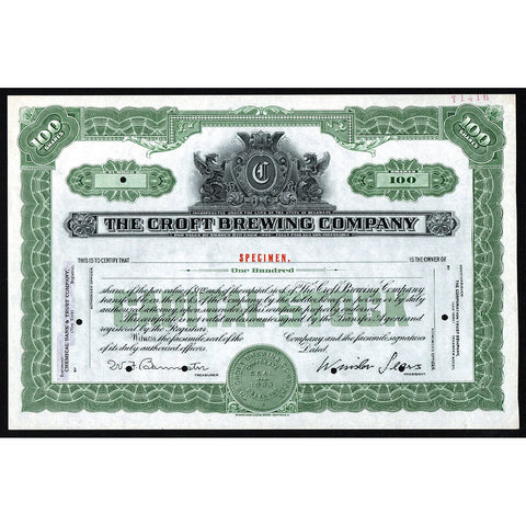 The Croft Brewing Company (Specimen) Brewery Stock Certificate