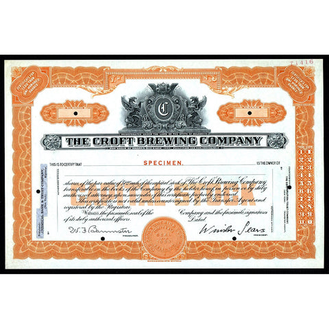 The Croft Brewing Company (Specimen) Brewery Stock Certificate