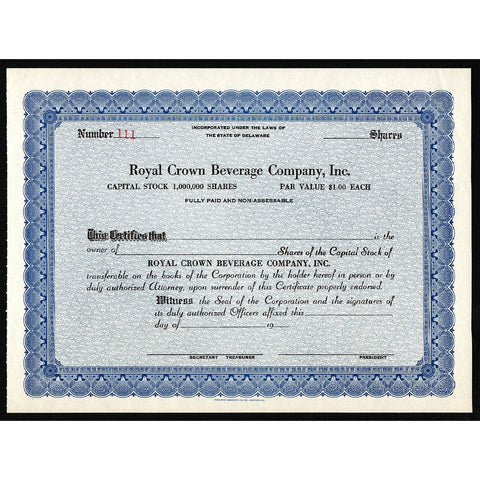 Royal Crown Beverage Company, Inc. Stock CertificateRoyal Crown Beverage Company, Inc. RC Cola Stock Certificate