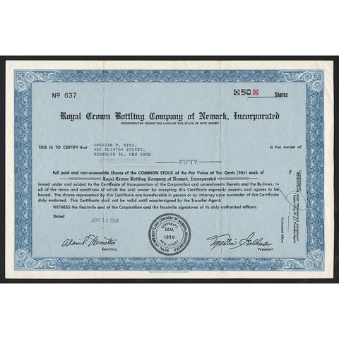 Royal Crown Bottling Company of Newark, Incorporated (RC Cola) Stock Certificate