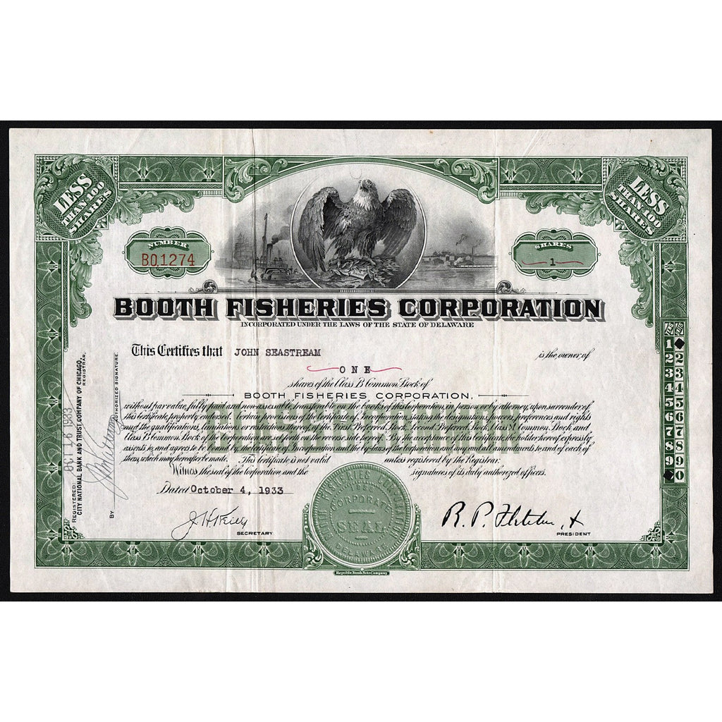 Booth Fisheries Corporation Fishing Stock Certificate