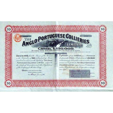The Anglo-Portugese Collieries Limited 1908 Warrant Stock Certificate