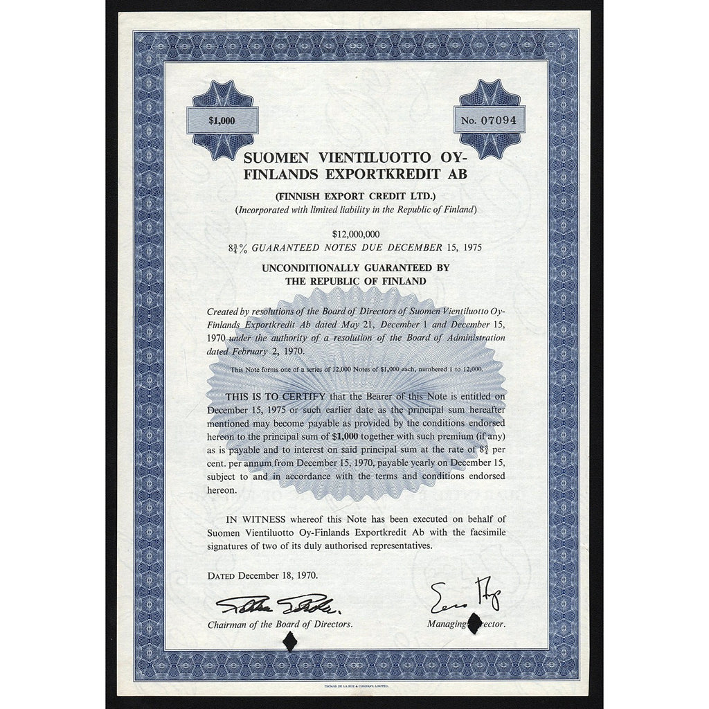 Suomen Vientiluotto OY - Finlands Exportkredit AB Finland Bond Certificate