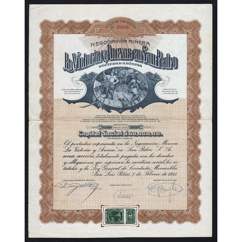 Negociacion Minera La Victoria y Anexas en San Pedro S.A. (San Luis Potosi) 1935 Stock Certificate