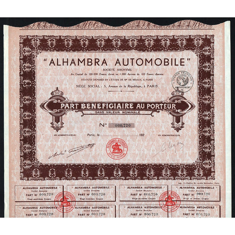 “Alhambra Automobile” Societe Anonyme Paris France Stock Certificate