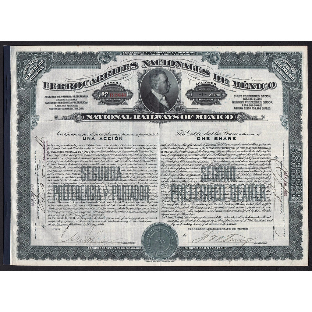 Ferrocarriles Nacionales de Mexico (National Railways of Mexico) - 200 Gold Pesos Bond Certificate
