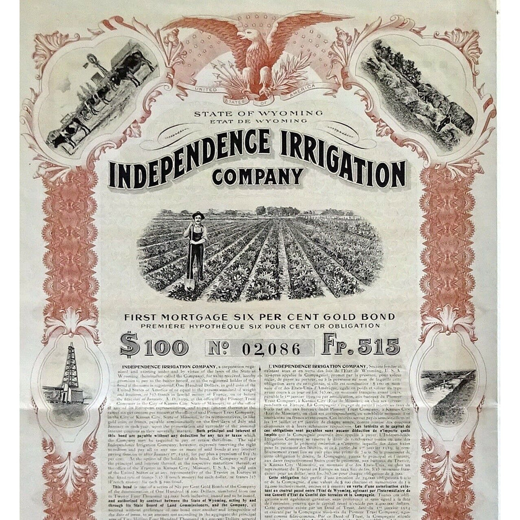Independence Irrigation Company (Gold Bond) 1914 Stock Certificate
