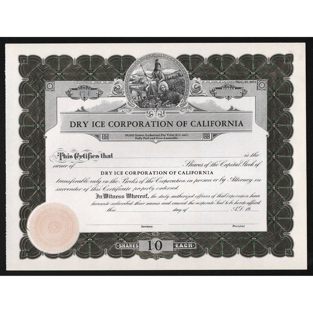 Dry Ice Corporation of California Stock Certificate